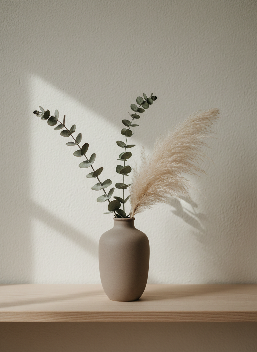 A muted ceramic vase in soft taupe holds a minimalist arrangement of off-white pampas grass and slender eucalyptus stems, positioned on an uncluttered shelf with subtle wood grain. The backdrop features a pale, textured wall with understated shadows cast by delicate natural light from the left. The composition utilizes negative space and an asymmetrical balance, focusing the viewer’s eye on the refined interplay between the vase's matte texture and the organic softness of the dried botanicals. The mood is quiet and refined, evoking a sense of freedom and gentle transformation. The overall style is minimalist and photographic, embodying sophistication and subtlety in line with the blog's essence.