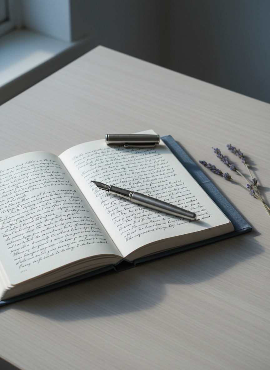 An elegant hardcover journal bound in slate-blue linen stands open on a smooth light-grey wooden desk. The exposed creamy paper pages reveal delicate handwritten script in black ink. A single vintage silver fountain pen rests diagonally across the middle, and a small dried lavender sprig lies nearby, adding a subtle organic touch. The soft, cool daylight filters in from an unseen window, creating gentle gradients of shadow and muted highlights across the surfaces. The scene is captured in a centered, slightly elevated angle with a minimalist, photographic style. The atmosphere feels sophisticated, calm, and introspective, perfectly reflecting a space dedicated to thoughtful women's writing and self-discovery.
